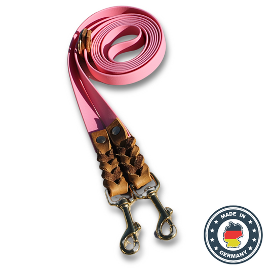 Umhängeleine 'BASELINE' Rosa & Cognac – Biothane® & Fettleder
