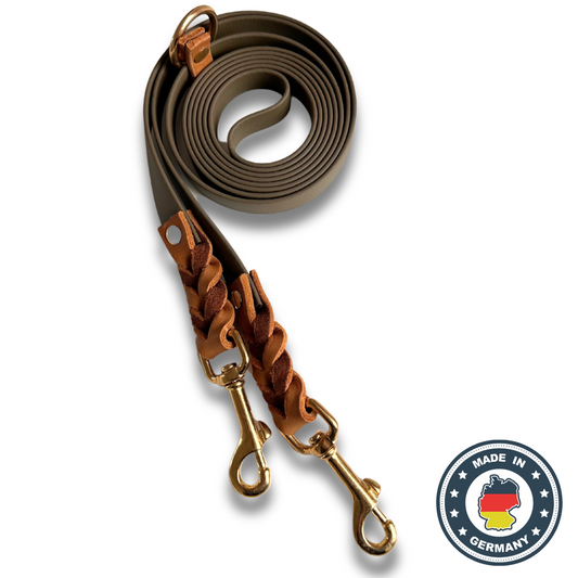 Umhängeleine 'BASELINE' Olive & Cognac – Biothane® & Fettleder
