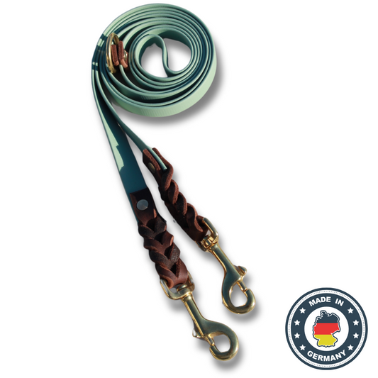 Umhängeleine 'BASELINE' Salbei & Braun – Biothane® & Fettleder