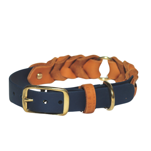BASELINE Hundehalsband in Dunkelblau-Cognac aus BioThane® und Fettleder – edles, robustes Design für aktive Hunde