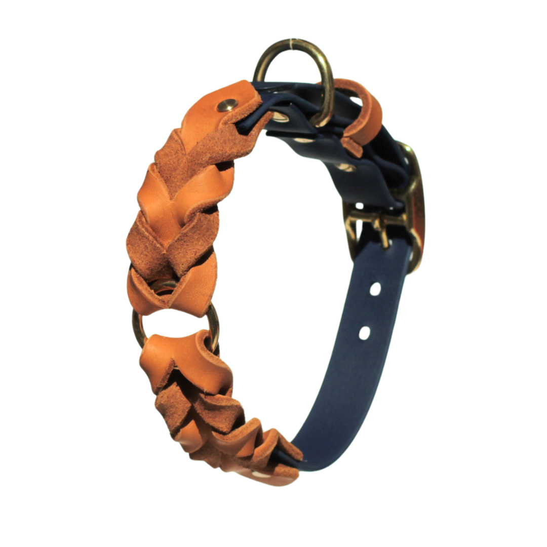 Stilvolles Hundehalsband BASELINE in Dunkelblau und Cognac – wasserfest, langlebig und pflegeleicht