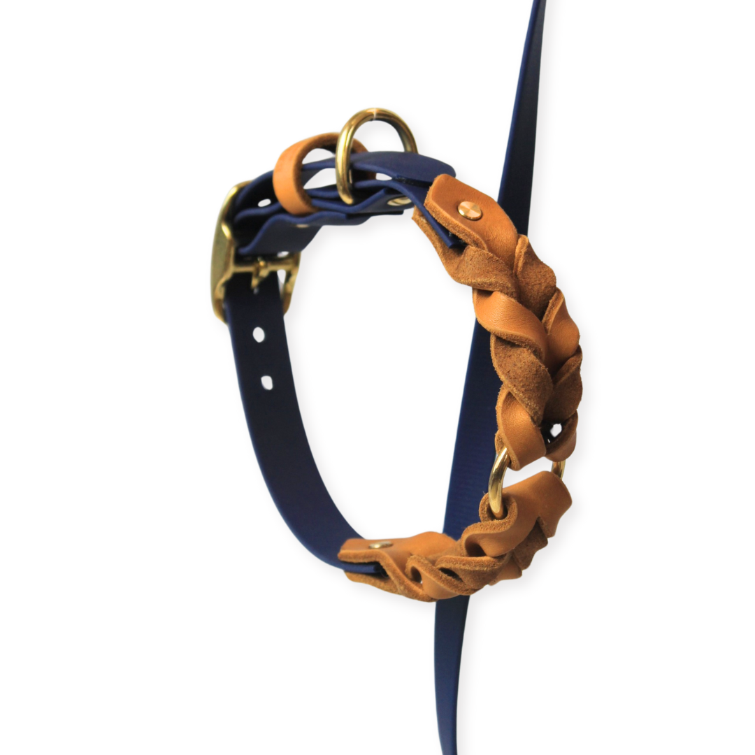 Premium-Hundehalsband BASELINE Dunkelblau-Cognac, strapazierfähig, UV-beständig und pflegeleicht
