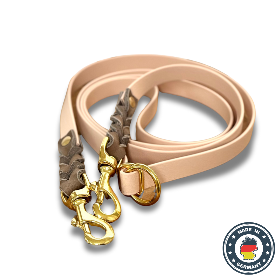 Umhängeleine 'BASELINE' Rosa & Cognac – Biothane® & Fettleder