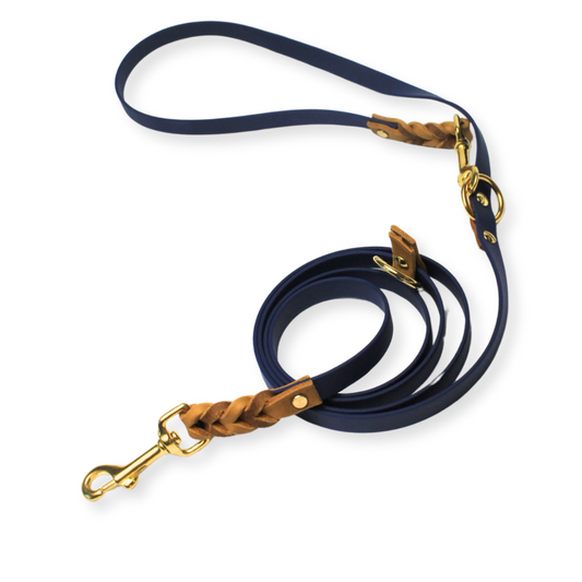 biothane hundeleine dunkelblau mit gold und cognac