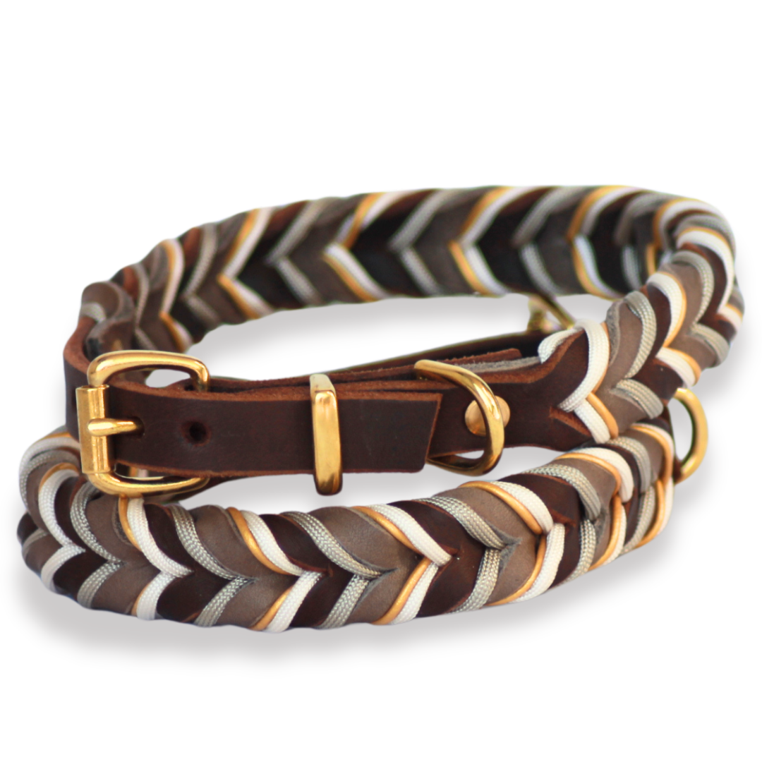 geflochtenes Halsband für Hunde – Fettleder, Messing und Paracord in Braun und Beige
