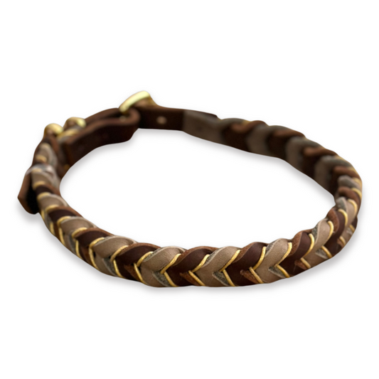 fettleder hundehalsband geflochten braun gold