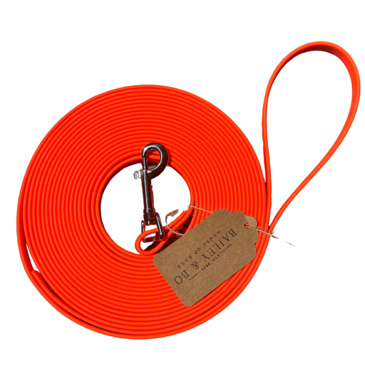 Schleppleine Biothane individuell gestaltbar mit Namen neon orange