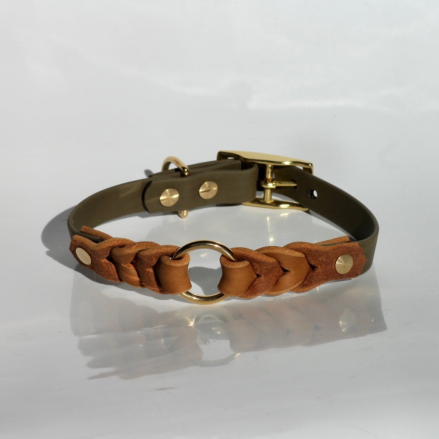 Hundehalsband BioThane x Leder Olive Cognac ' BASELINE '