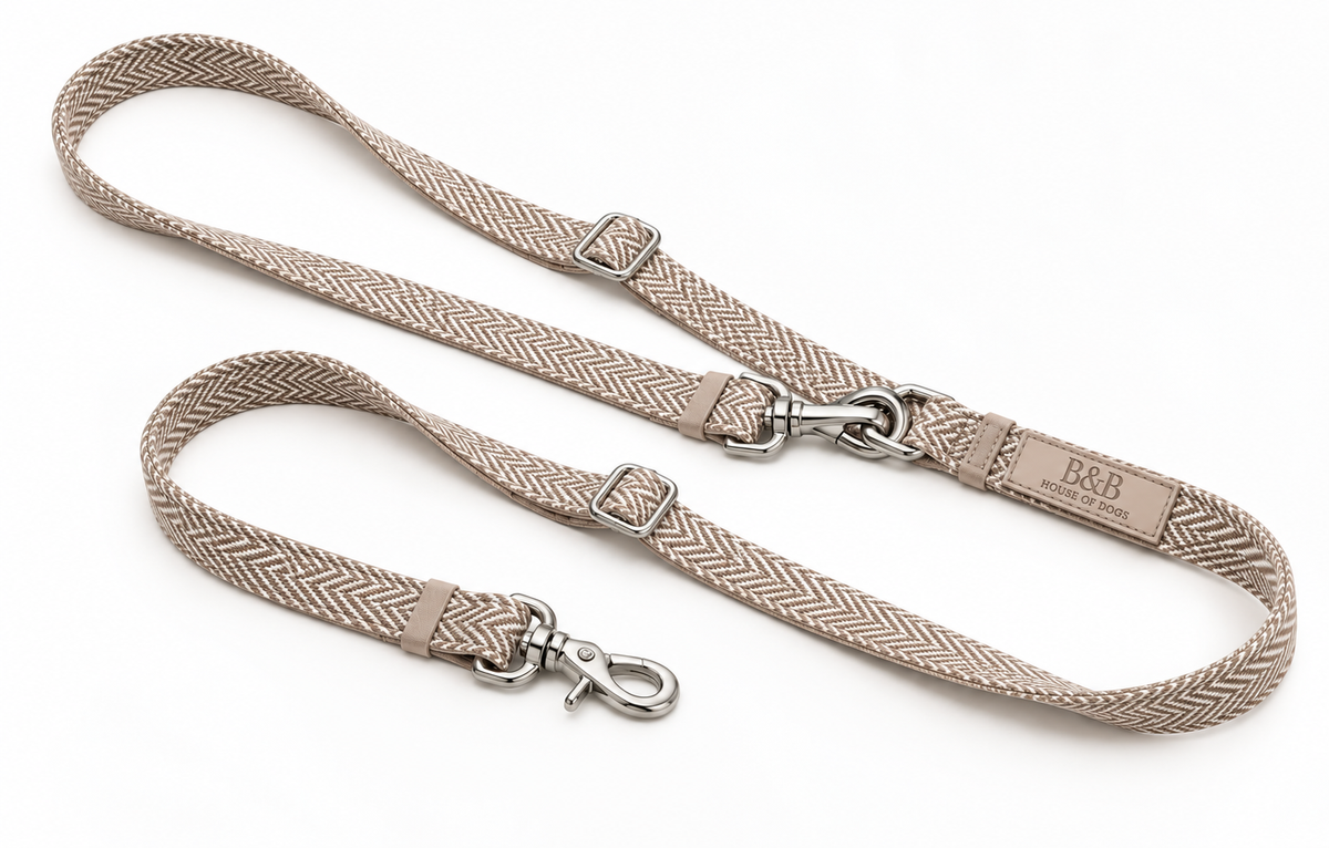 Melva Crossbody-Hundeleine in Latte mit Fischgrät-Muster und silberfarbenen Karabinern