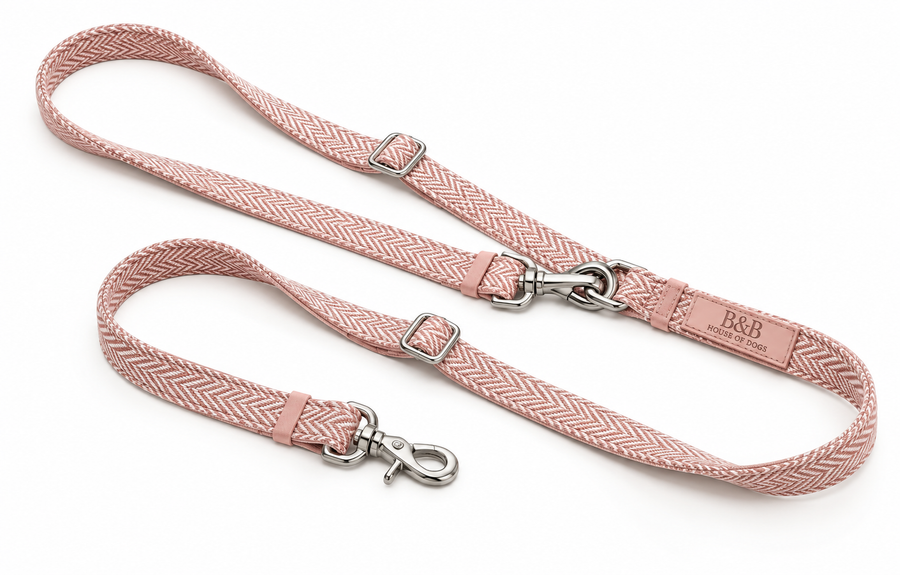 Melva Crossbody-Hundeleine in Soft Rose (Altrosa) mit Fischgrät-Muster und silberfarbenen Karabinern