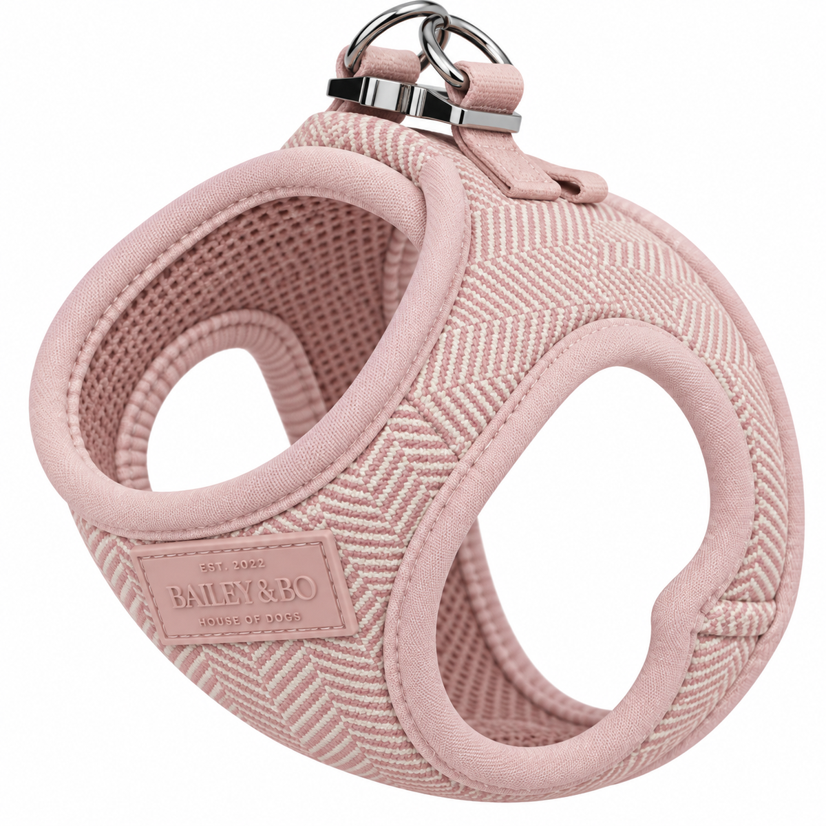 Melva Step-in-Hundegeschirr in Soft Rose (Altrosa) mit Fischgrät-Muster, B&B-Label und silberfarbener Hardware