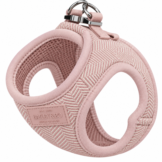 Melva Step-in-Hundegeschirr in Soft Rose (Altrosa) mit Fischgrät-Muster, B&B-Label und silberfarbener Hardware