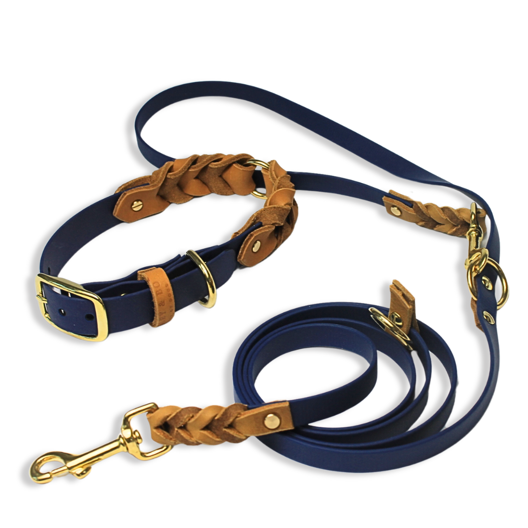 Verstellbare BASELINE Hundeleine & Halsband Dunkelblau-Cognac, 2,50m – langlebiges BioThane® und Leder, ideal für Outdoor-Aktivitäten

