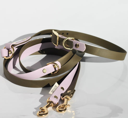 Hundeleine aus Olivenernte und Flieder Biothane und Biothanehalsband in Flieder und olive