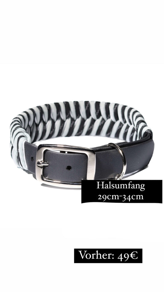 Biothane/Paracord,geflochtenes Halsband – Halsumfang: 29-34 cm – Breite 3 cm schwarz/Silber/Silber grau/schwarz reflektierend