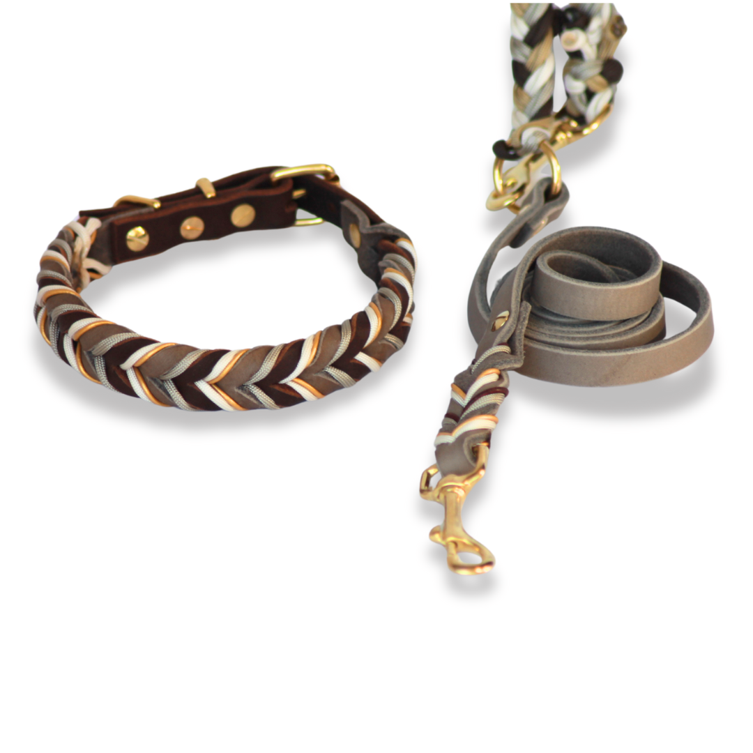 Leder Hundehalsband und Leine Set Braun Schlamm Beige – Fettleder & Messing, Detailansicht

