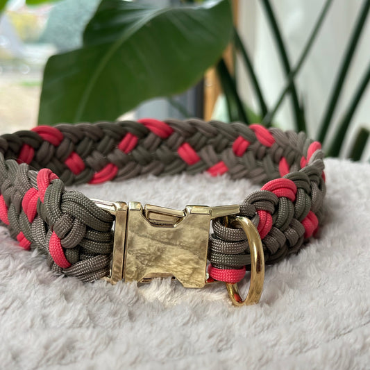 Paracord Halsband, Halsumfang 49 cm Olive, Lachs,Tan/Gold breite 4 cm