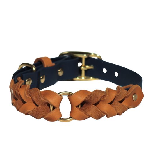 Detailaufnahme des BASELINE Hundehalsbands in Dunkelblau-Cognac mit stabiler Metallschnalle

