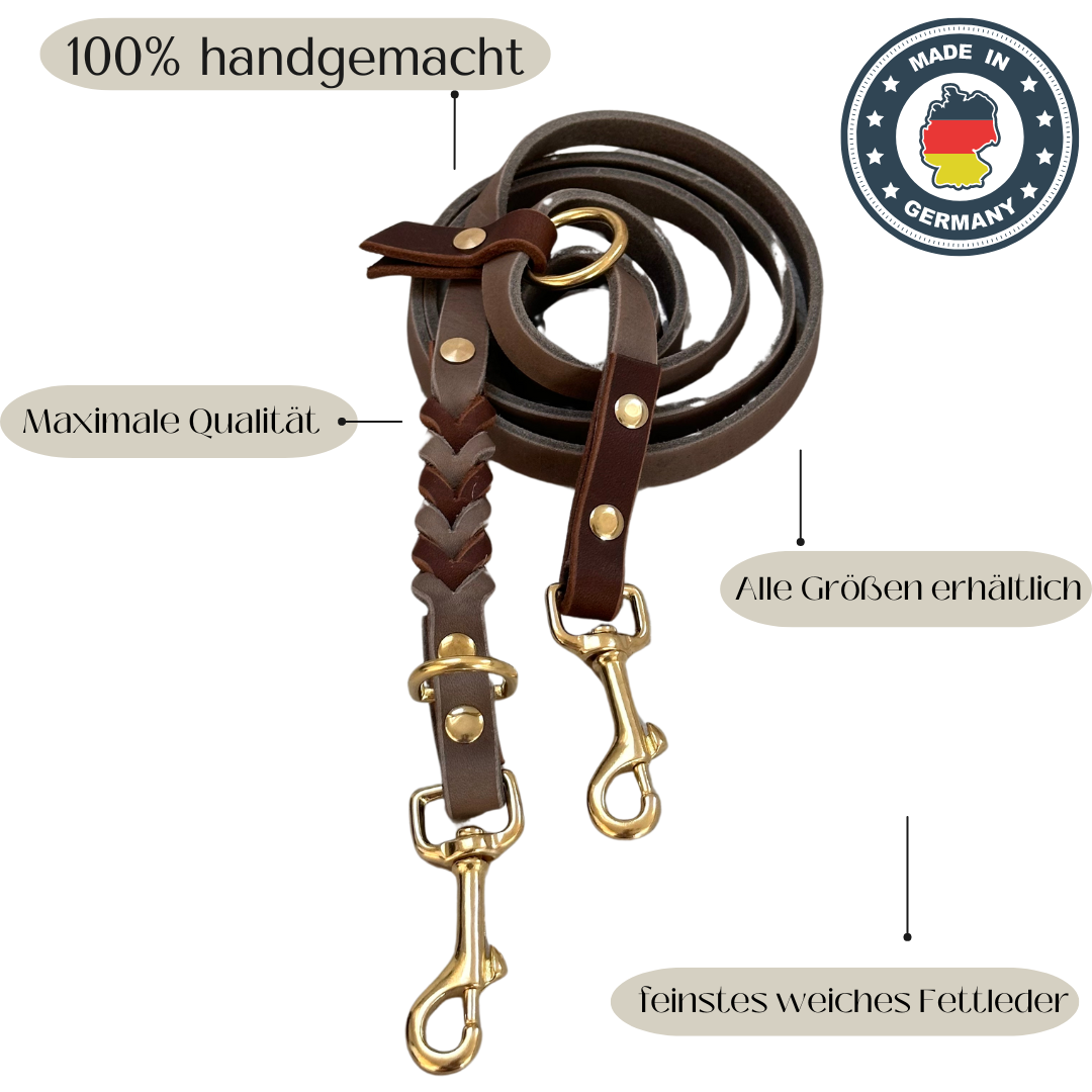 Geflochtene Lederleine Fettleder braun Gold Messing 